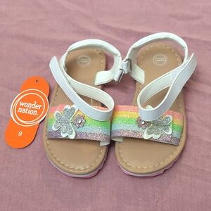 Wonder Nation Girls' White Sandals with Rainbow Glitter Strap